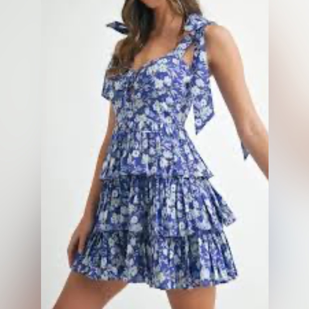 Mable, Blue Floral Smocked Tiered Mini Dress, Size S | 1279